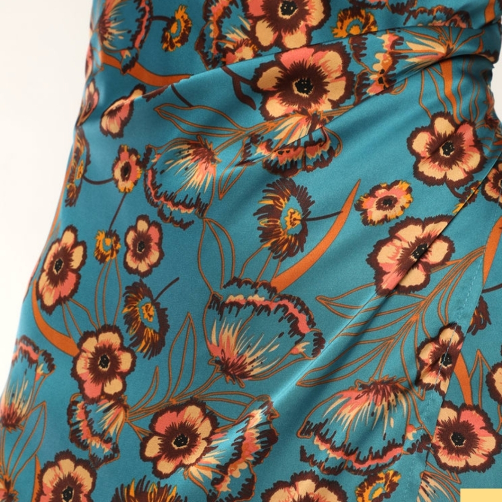 Lulus Hollywood Woman Teal Floral Print Satin Midi Dress - Picture 4 of 7